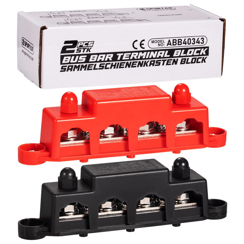 [AUSTRALIA] - Spurtar 12V Bus Bar 12V Power Distribution Block with 4X 5/16'' M8 Terminal Studs, 3X #8 M4 Screws Bus Bar Terminal Block 12V 24V 48V 250A for Car Truck RV ATV Boat Trailer Red Black Pair 4x 5/16'' M8 Posts - 3#8 Screws 