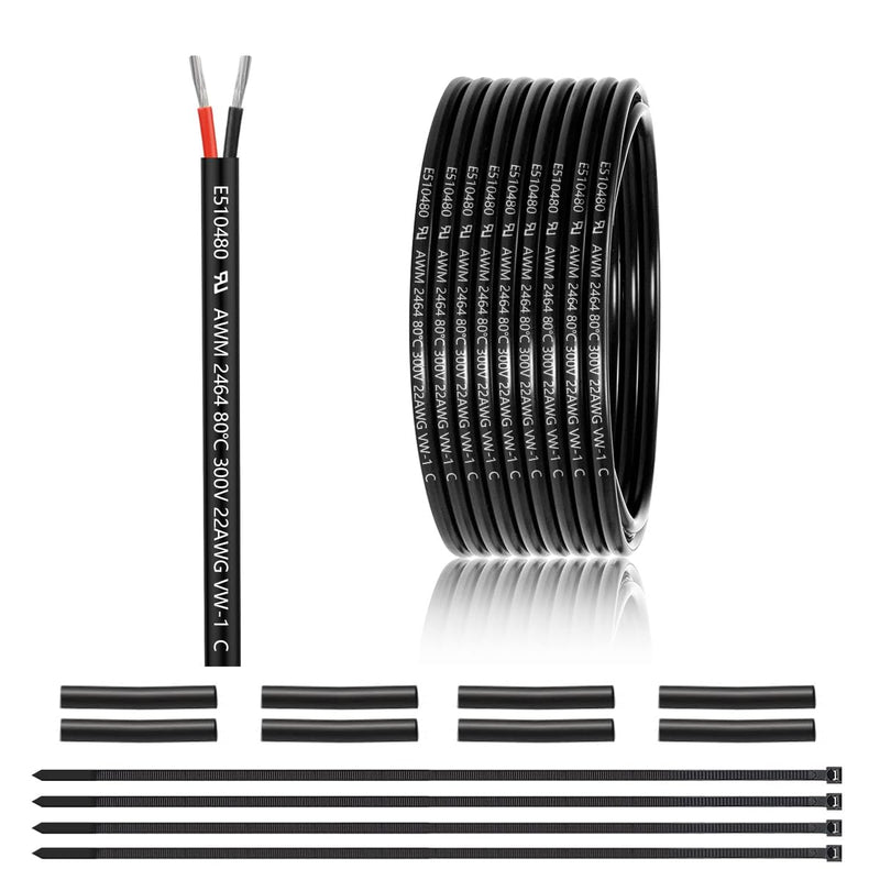22 AWG 2 x 0.3 mm² 2 Core Cable 7.62 Metres, 2 Core Wire Made of Tinned Copper, PVC 22AWG 2 Core for DC 5V/12V/24V, LED Lighting, Extension Cable, Car etc., CE Certification 7,62 Meter 22AWG-2C (2 x 0.3 mm²)