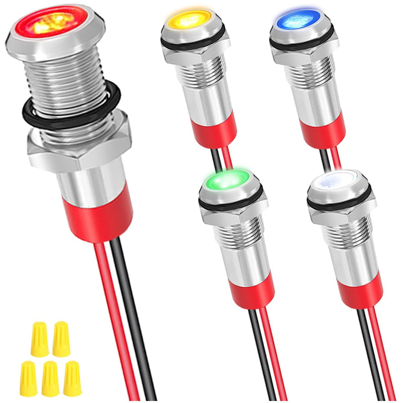 [AUSTRALIA] - 5Pcs 6mm DC 12-24V Red/Yellow/Blue/Green/White LED Metal Indicator Light Waterproof Signal Lamp with 150mm Cable Length Metal LED Indicator Light and Wiring Cap for Car Interior Trucks Boats 