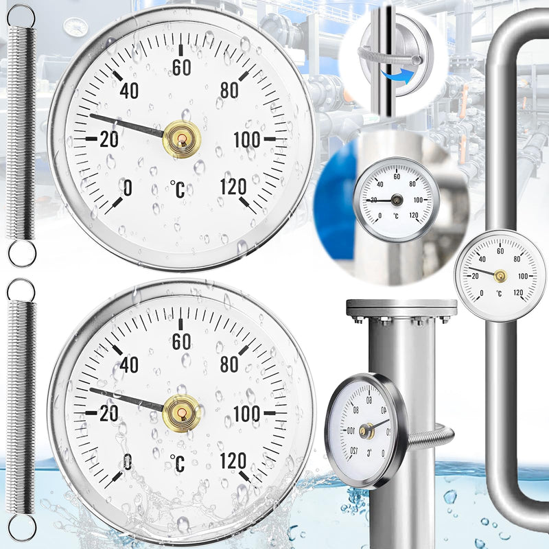 Weploda Pack of 2 Pipe Thermometers, Heating Pipe, Pipe Thermometer, Stainless Steel, Temperature Display with Clip-On 0-120 °C, Portable Pipeline Thermometer, Monitoring Pipe Temperature (with 2