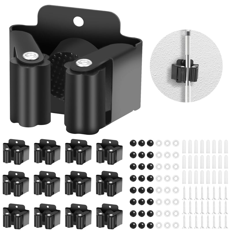 FAOKZE Pack of 12 Stainless Steel Mop Holder, Broom Holder Wall, Broom Holder, Tool Holder, Wall Mount, Stainless Steel Wall Mount, Garden Tool Holder, (24 Screws), for Kitchen, Home, Bathroom Black 12pcs