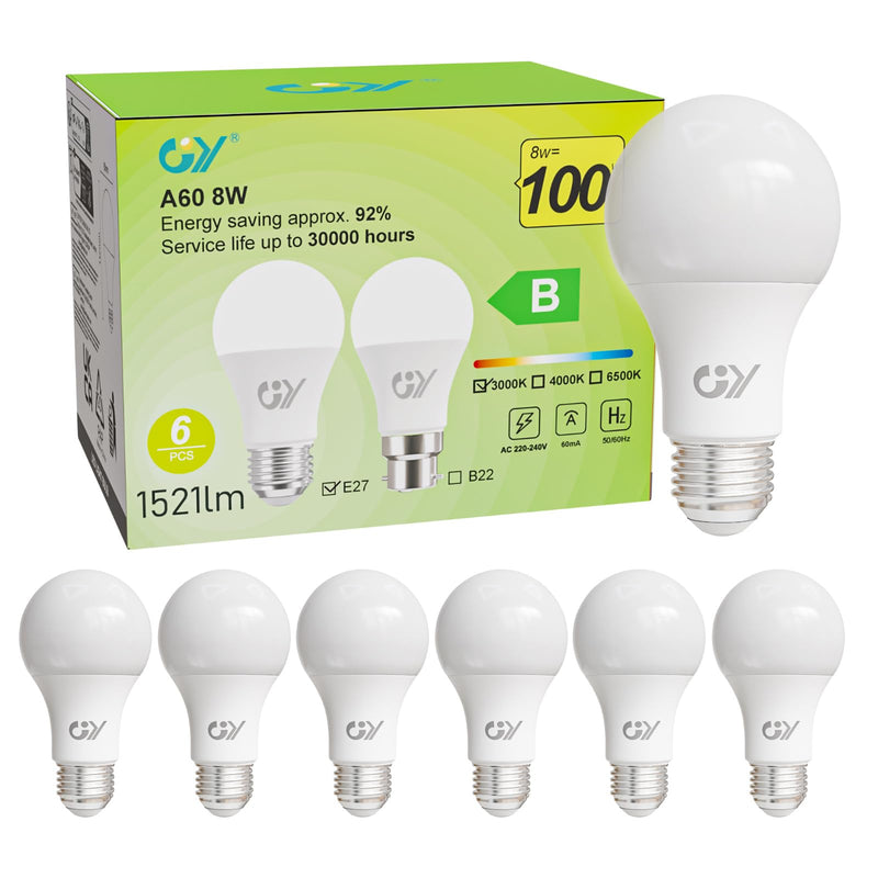 GY E27 LED Warm White Light Bulb, 8 W 1521 LM Energy Saving Bulb, Replaces 100 W Bulbs, Energy Efficiency Class B, A60 LED Warm White, Beam Angle 360° Bulb, Not Dimmable, Pack of 6 A60-8w3000k-6 6 Stück