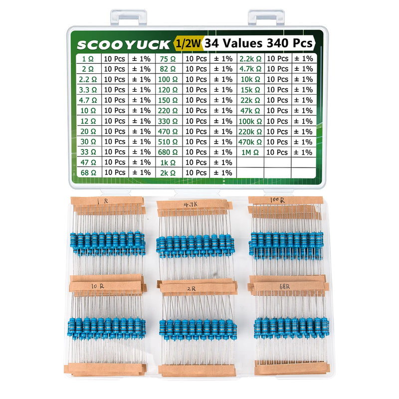 SCOOYUCK Resistance Assortment 1/2W 1 Ohm to 1M ohm 34 Values 340 Pieces Resistors Kit ± 1% Tolerance Resistance Set 1/2 W