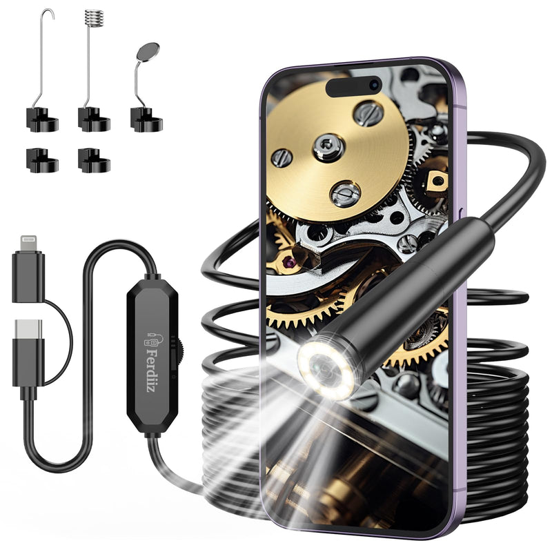 Endoscope Camera with Light, 1920P HD Borescope with 8 Adjustable LED Lights, Borescope with 16.4ft Semi-Rigid Snake Camera with Light, 7.9mm IP67 Waterproof Inspection Endoscope for iOS and Android AN112-16.4ft