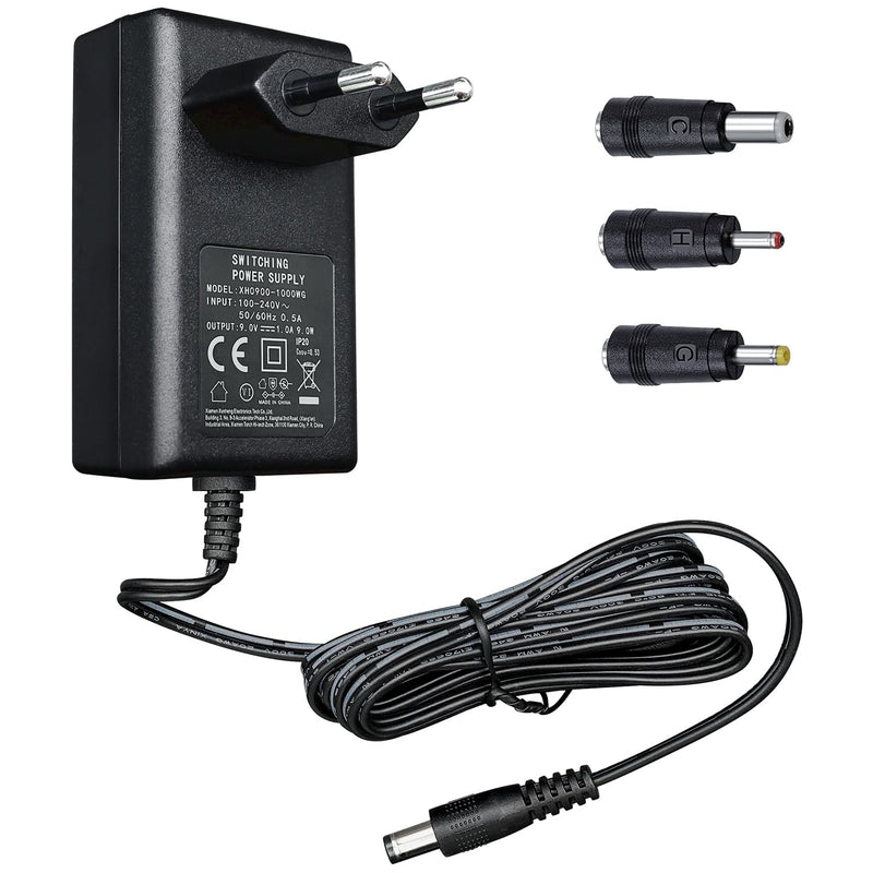 9V 1A/1000mA 1.8M Long Power Supply Adapter AC 100-240V to DC 9V 1A 9W Switching Plug with 3 Interchangeable Tips for Arduino UNO MEGA, Elliptical Trainer and More 9V Devices, CE Certified 9V-1A+3Tips