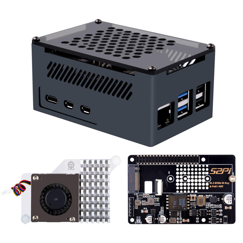 GeeekPi P33 M.2 NVME M-Key PoE+ Hat with Official Pi 5 Active Cooler and Aluminum Case for Raspberry Pi 5, Support M.2 NVMe SSDs 2230/2242/2260/2280