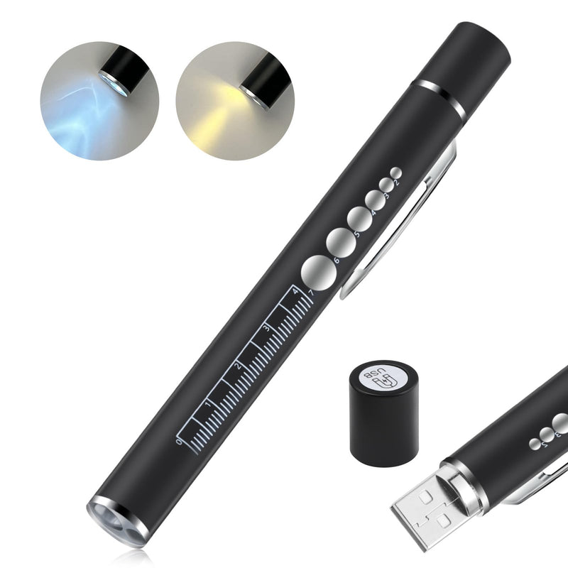 [AUSTRALIA] - Penriter Pupil Light Diagnostic Light with Pupil Meter and Ruler, Black Medical Lamp Pen Light with Warm/Cool White, Rechargeable USB Pen Lamp for Nurses Doctors 