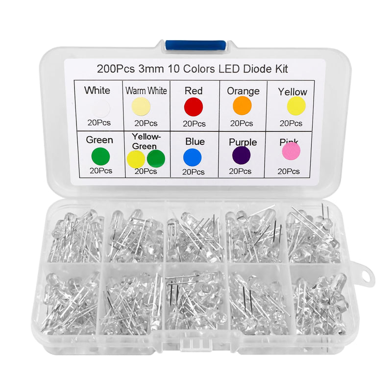LED Diode 3 mm Light Emitting Diodes Set Warm White Red Blue Green Chartreuse White Orange Purple Pink Yellow Diodes 2 Pin (10 Colours, Pack of 200)