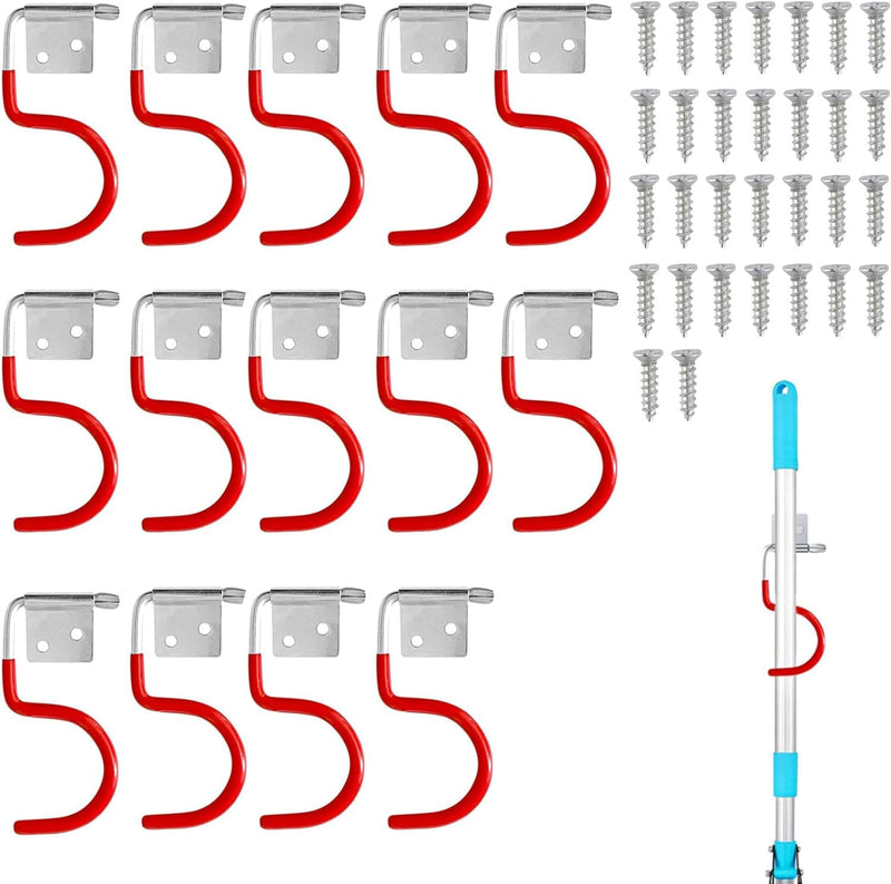 Mujiluxe Rubber Coating Garden Tools, Garden Tool Holder, Metal Hooks, Pack of 15 Red Hooks, Broom Holder, Tool Holder, with 30 Screws