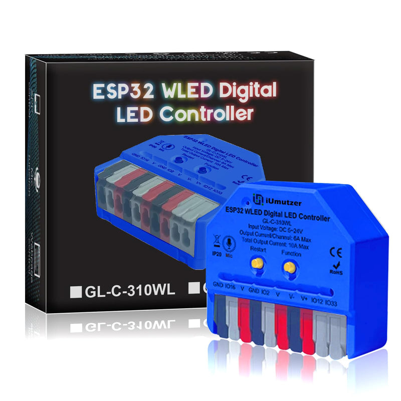 Compact WLED Controller with Mic, ESP32 DC 5V-24V Addressable LED Controller Digital RGB IC (WS2811 WS2812B SK6812 WS2815) WLED Open Source Firmware Pre-Installed