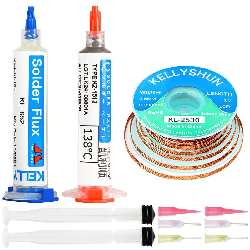 KELLYSHUN Flux Soldering, Soldering Paste and Desoldering Wire, No-Clean Rosin Soldering Flux (Pack of 1), Sn42%/Bi58% Soldering Paste (1 Piece), 2.5 mm/3 M Desoldering Braid (Pack of 1), for BAG, 3 Piece Set