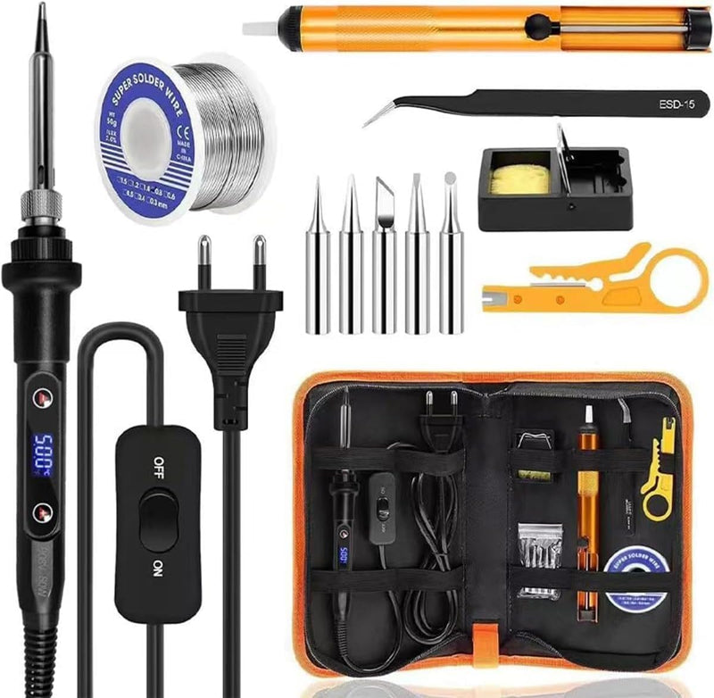 Lunriwis Soldering Iron Set, 80 W LCD, with Temperature Adjustable 180-500 °C Soldering Iron with On/Off, Soldering Tool with 5 Soldering Tips, 50 g Soldering Wires, Desoldering Pump, Soldering Iron