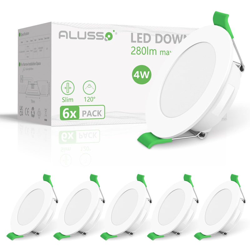 [AUSTRALIA] - ALUSSO LED Recessed Spotlight, 230 V, Flat IP44, 4 W LED Spotlights, 280 LM, Cool White 6500 K Recessed Lights, 30 mm Ultra Flat, Recessed Spot Hole 55-68 mm, Ceiling Spotlights for Bathroom, Kitchen Cool White 6500k, Set of 6 