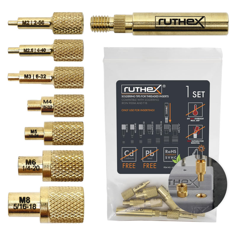 ruthex 7x Soldering Tips/Heat Set Insert Tips - for Thread Inserts M2 / M2.5 / M3 / M4 / M5 / M6 / M8 - #2-56 / #4-40/ #6-32/ #8-32/ #10-24 1/4" and Soldering Iron Adapter 900M / T18 Adapter 900M + Insert Tip Set V3