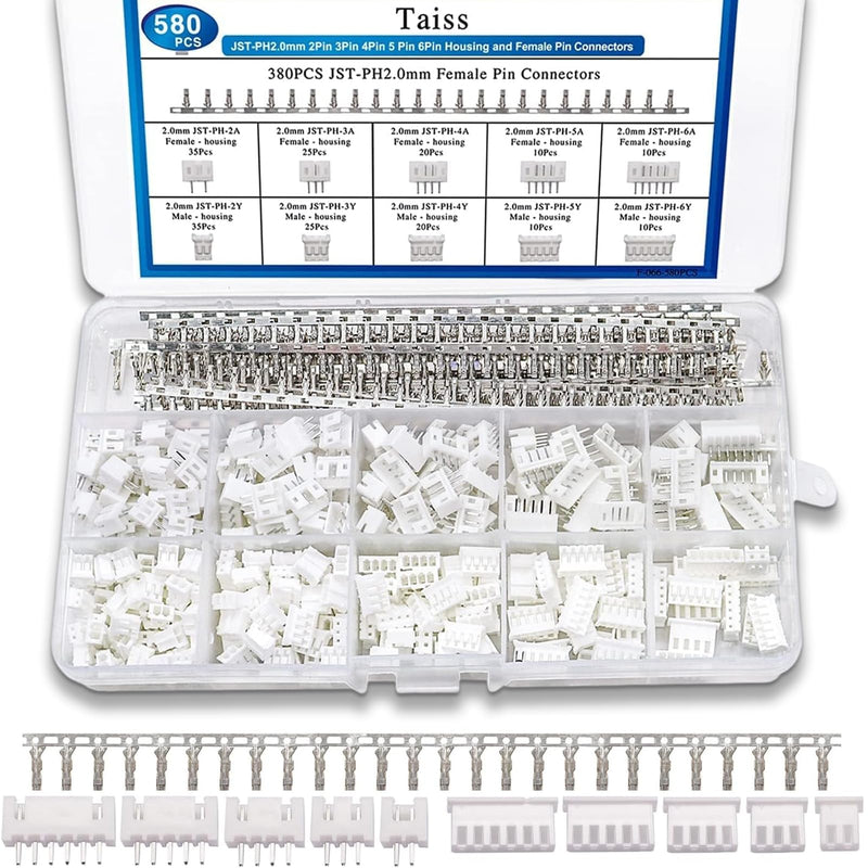 580 pieces JST-XH plug kit, PH 2.0 2/3/4/5/6-pin JST adapter male and male socket, adapter cable, 2.54 mm female metal pin connector, adapter F-066-580 pieces