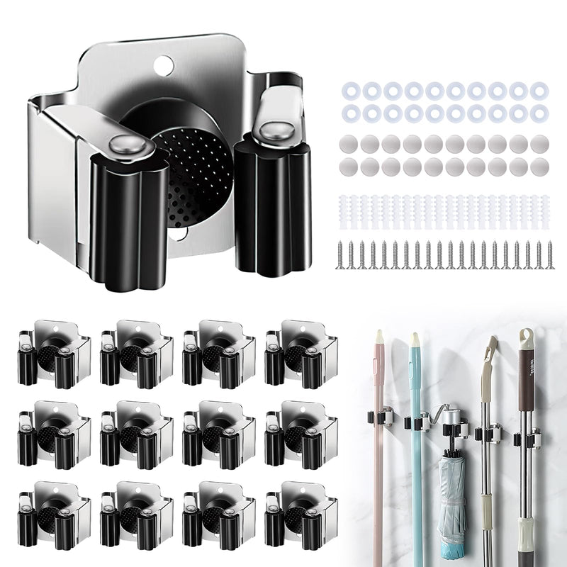 Trukafie Pack of 12 Broom Holder Wall Tool Holder Stainless Steel Garden Tools Tool Holder Wall Garden Tool Holder for Garden Kitchen Bathroom Garage Shovel Mop