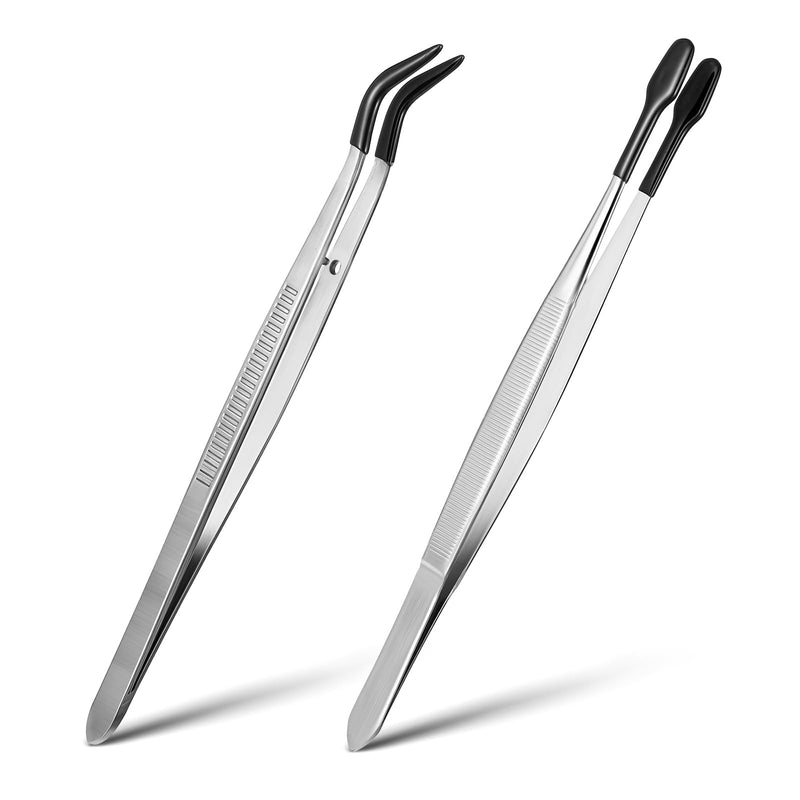 Pack of 2 Long Plastic Craft Tweezers with Rubber Tips and PVC Coating - Flat, Non-Slip, Curved and Angled Tweezers - Metal Sticker Tweezers for Repair and Jewellery (Black) Black