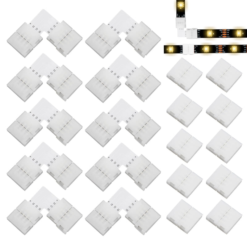 Pack of 20 4-Pin 10 mm LED Connector for SMD 5050 RGB LED Strips, 10 Pieces L-shaped Corner Connector and 10 Pieces LED Strips, Quick Connector, 4-Pin 10 mm RGB Strip Connector Solderless