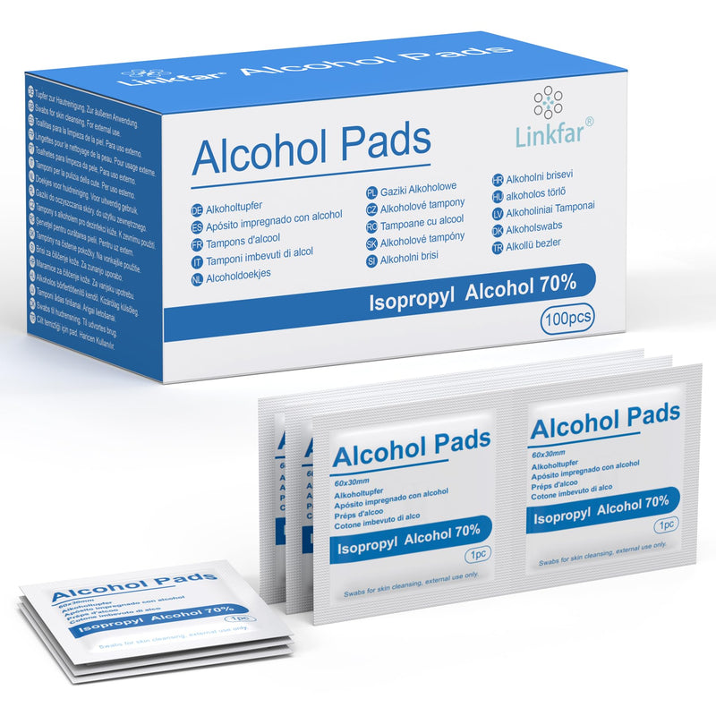 Linkfar Alcohol Swabs - 70% Isopropanol Disinfectant Wipes for Skin Cleaning, Glasses & Surfaces - Hygienically Individually Packed, Pack of 100 (3 x 6 cm)