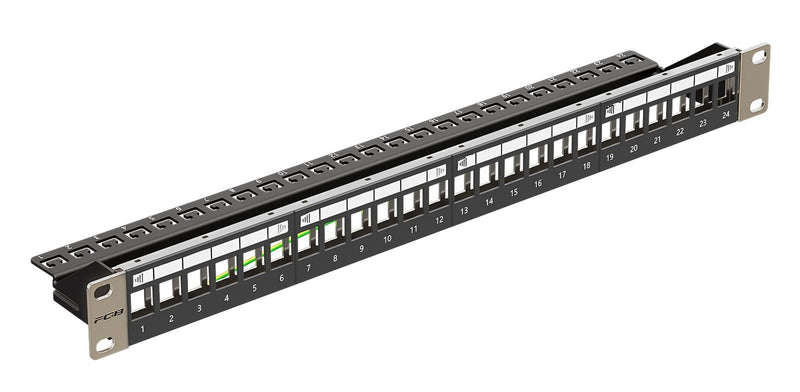 FGB 1U Patch Panel 24 Port for Keystone Modules with 12 Pieces Blank Keystone Inserts, 19 Inch Rack Installation or Wall Mounting Patch Panel with Rear Strip, Compatible CAT5 CAT6 CAT7 CAT8 Network
