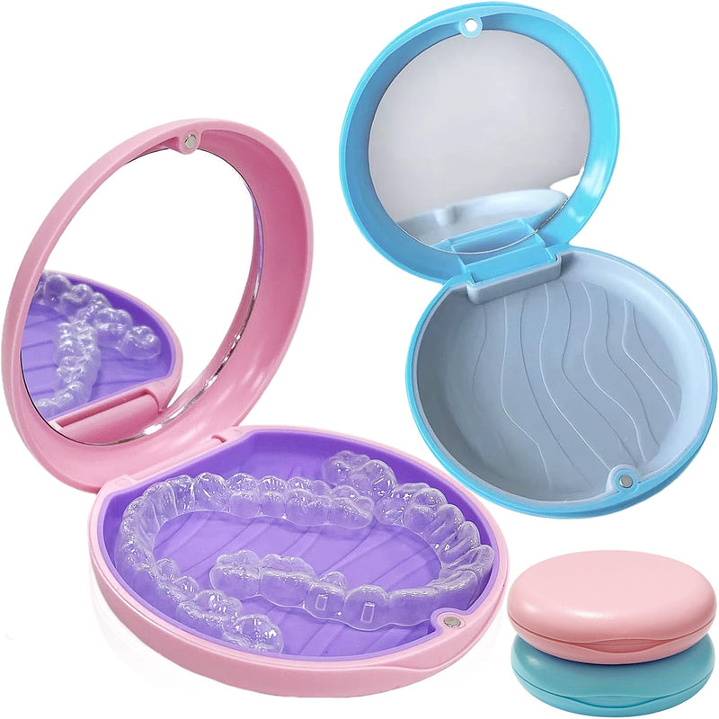 Braces Box, Pack of 2 Dentures Box with Mirror, Brace Box, Portable Dental Splint Box, Dental Container for Storing Braces and Dentures (Blue and Pink)