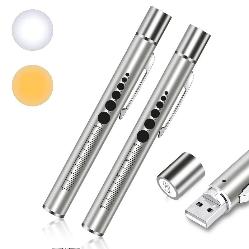 Flintronic 2 x Pupil Light Medicine, Diagnostic Light Nurse Emergency Service Accessories, with Pupil Meter & Ruler, Rechargeable USB LED Pen Lamp for Nurses, Students, Doctors 2pcs-silver