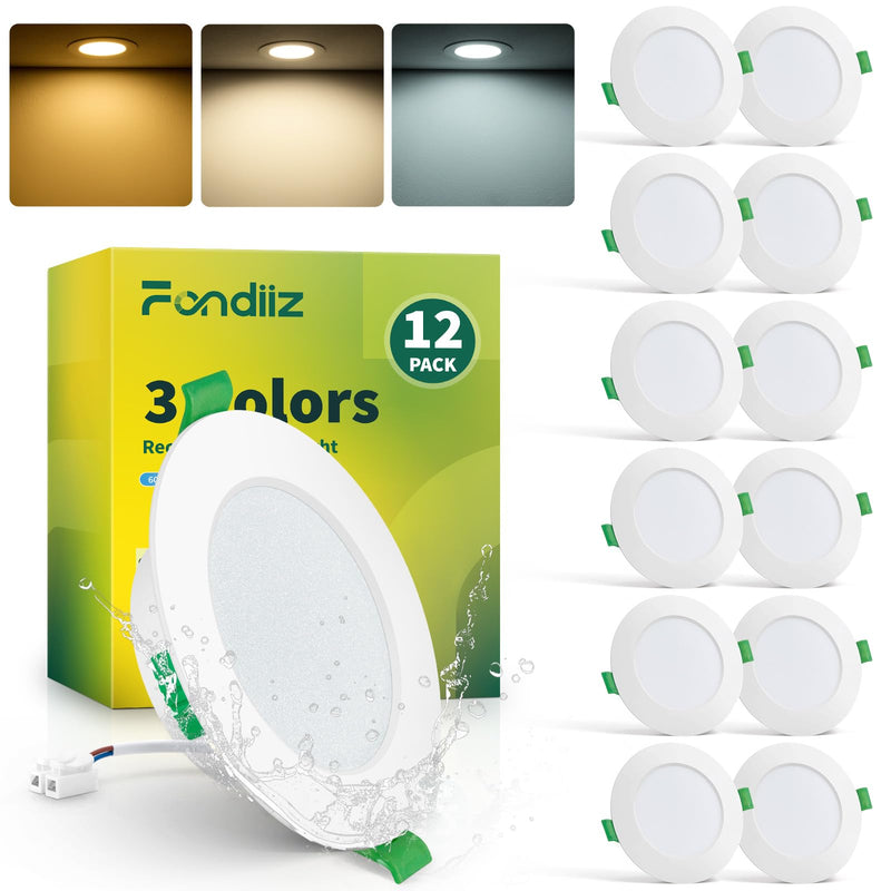Fondiiz Set of 12 LED Spotlights, 230 V, 6 W, 700 LM, Warm White, Neutral White, Cool White, IP44 Spotlights, Ceiling Spotlights, Flat Ceiling Spotlights for Bathroom, Kitchen, 75-85 mm Hole Size