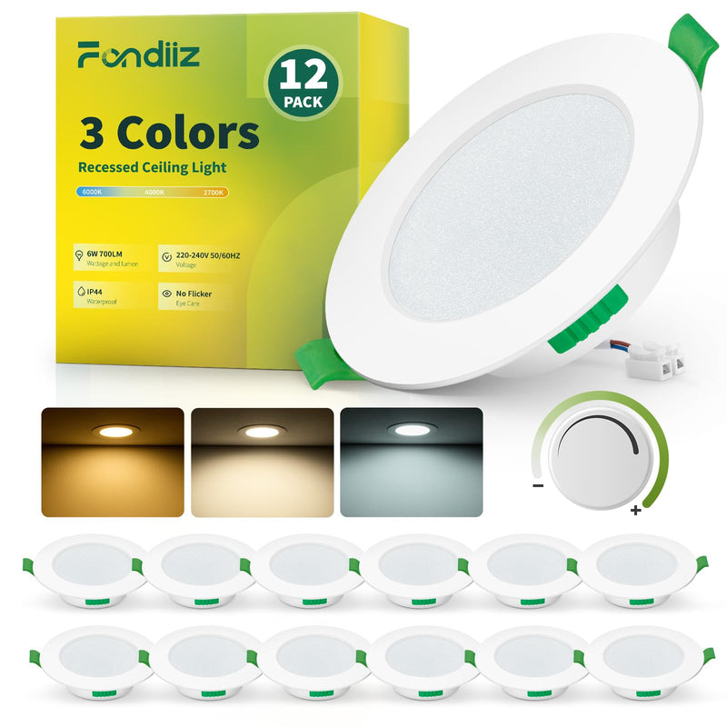 Fondiiz Set of 12 LED Recessed Spotlights, 230 V, Dimmable, 6 W, 700 lm, LED Spotlights, Warm White, 2700 K, Neutral White, 4000 K, Cool White, 6000 K, IP44 Ceiling Spotlights, LED 98 mm for Bathroom