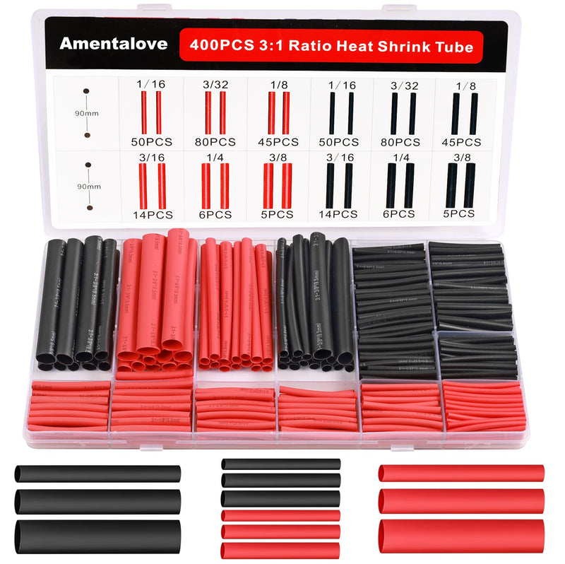 Amentalove 400 Piece 3:1 Heat Shrink Tube Set, Double-Walled Heat Shrink Tube, Waterproof, 6 Sizes Heat Shrink Tube, Heat Shrink Tube with Adhesive for Home, Automotive, Industrial (Black & Red)