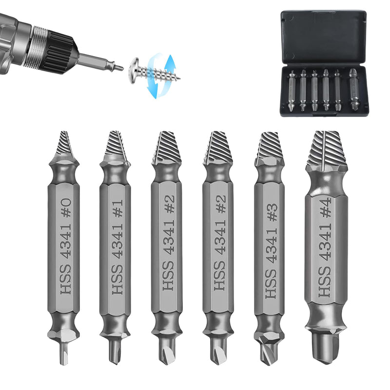 6 Piece Screw Extractor Set, Damaged Screw Remover Extractor, Double Head Left Extractor Set, Multiple for Removing Slightly Damaged Screws, Made of HSS 4341