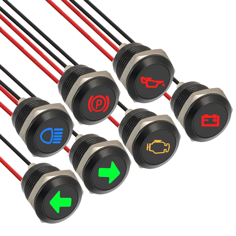 [AUSTRALIA] - EPLZON Pack of 7 12 mm Waterproof Signal Light LED Indicator Light, DC 12 V/24 V LED Metal Indicator Light with 150 mm Cable for Motorcycles Cars Trucks Tractors RV ATV 7 Stück 