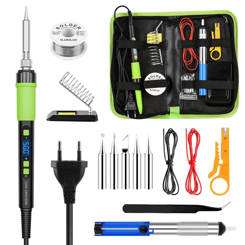 YEEHONEC Professional Soldering Iron Set, 90 W LCD Automatic Sleep Mode, Adjustable Temperature 180-500 °C with 50 g Solder, 5 Soldering Tips, Desoldering Pump, Soldering Iron Stand, Tweezers