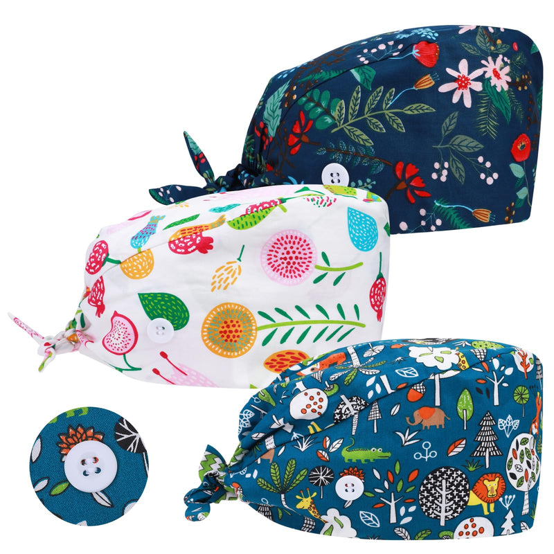 [AUSTRALIA] - Pack of 3 Surgical Cap, Fabric Nurse Cap, Adjustable Surgical Hat, Buttons, Adjustable Work Cap, Cotton Dust Cap, Printed Turban Hat with Sweatband Hoods, Bag Caps 