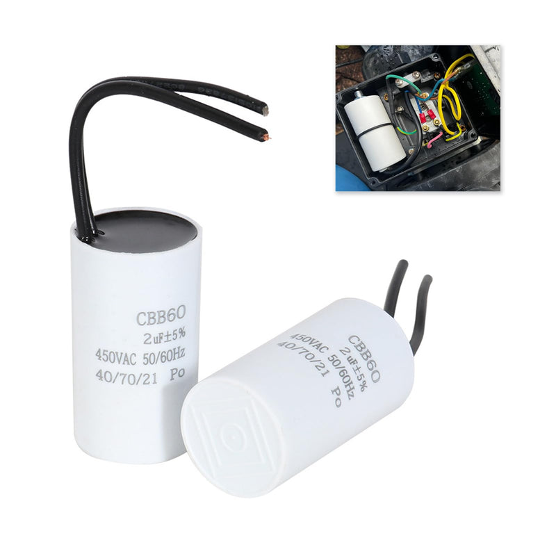 2 x 2µF 450 V CBB60 Capacitor, Starting Capacitor, Motor Capacitor, Work Capacitor for Household Appliances, Durable, Environmentally Friendly, with Cables, Suitable for Circulation Pump, Wall Boiler