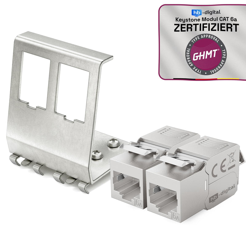 hb-digital 2 x CAT 6a Keystone Module RJ45 Socket STP 10 Gbit/s - Tool-Free LSA - with 1x 2-Port 35 mm DIN Rail Metal DIN Rail Adapter Keystone Holder Ethernet LAN Network Switch