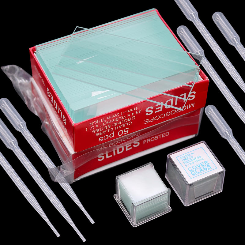 RUNYU® Pack of 100 Pre-Cleaned Microscope Slides 76.2 x 25.4 mm and 200 Cover Glasses Microscope 20 x 20 mm with 10 Pipette 3 ml Laboratory Biology Science Study Accessories