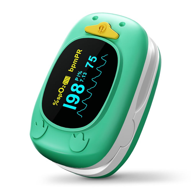 Paediatric Pulse Oximeter, HOLFENRY Oxygen Saturation Meter Finger for Children Pulse Oximeter Finger Oximeter Child-friendly Design Monitoring of SpO2, PI, Heart Rate grass green