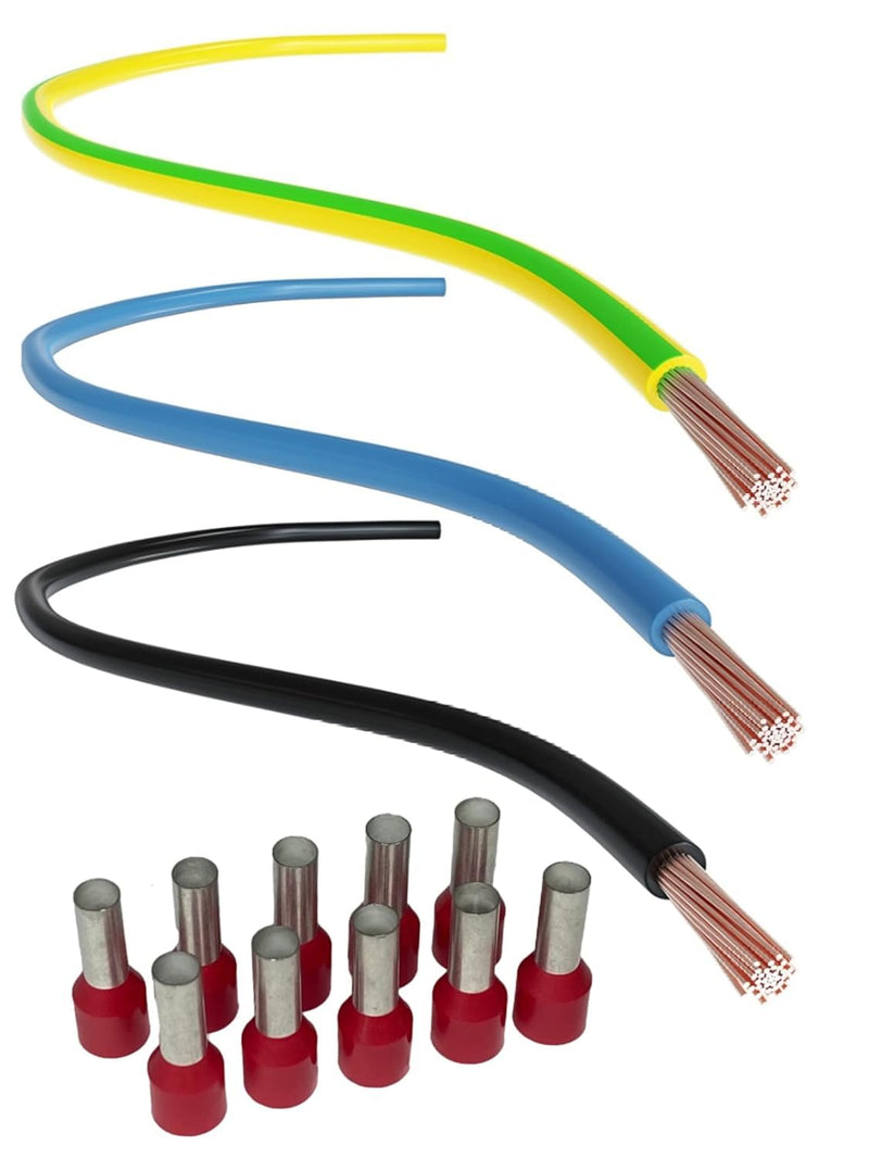 CusoTec Wiring Cable Set 10 mm² Single Core Cable Wiring Bridges for Meter Space Black 3 m - Blue 1 m - Green Yellow 1 m + 10 Wire End Ferrules (10 mm² Set) 10 mm² set
