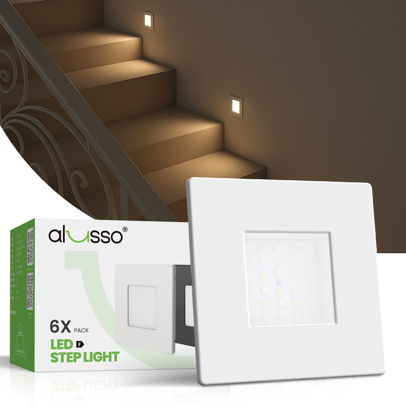 ALUSSO Set of 6 LED Stair Lighting 230 V Dimmable 3CCT Warm White Neutral White Cool White Stair Light 3 W 0.5 W 1.5 W 2.5 W IP44 Stair Lighting Stair Light Recessed Wall Light, Square White