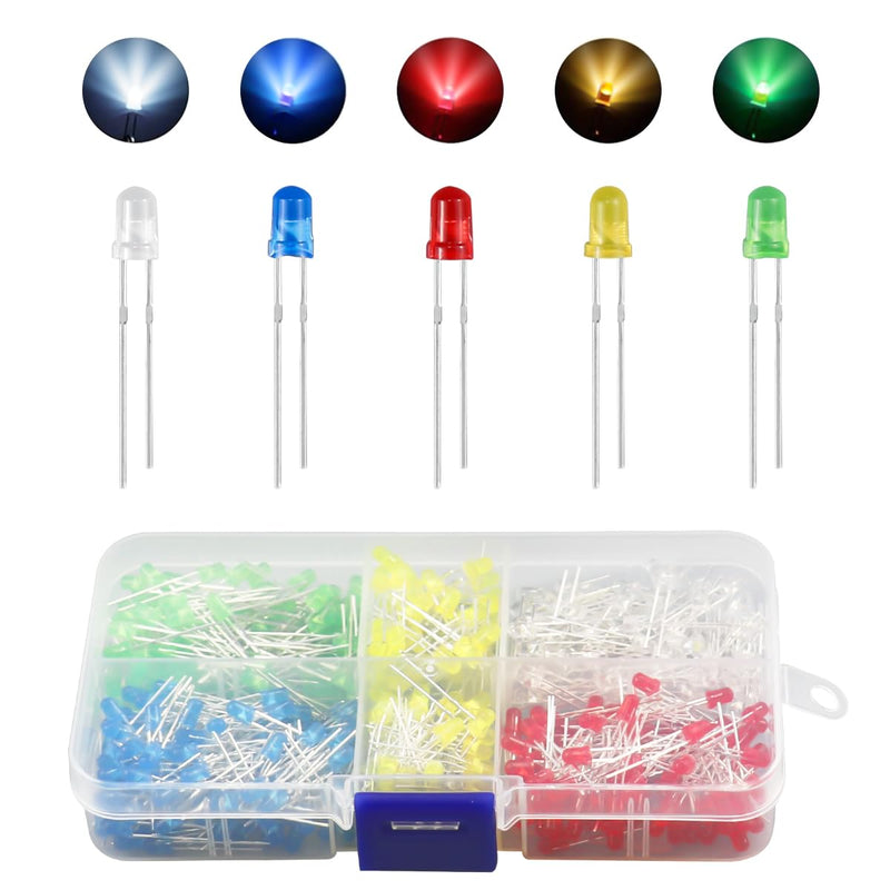 Pack of 500 LED Light Emitting Diodes 3 mm - 5 Colours (Red, Yellow, Blue, Green, White), Extra Bright, 20mA, 3V LED Diodes Assortment for Science, DIY, DIY & Electronics Projects