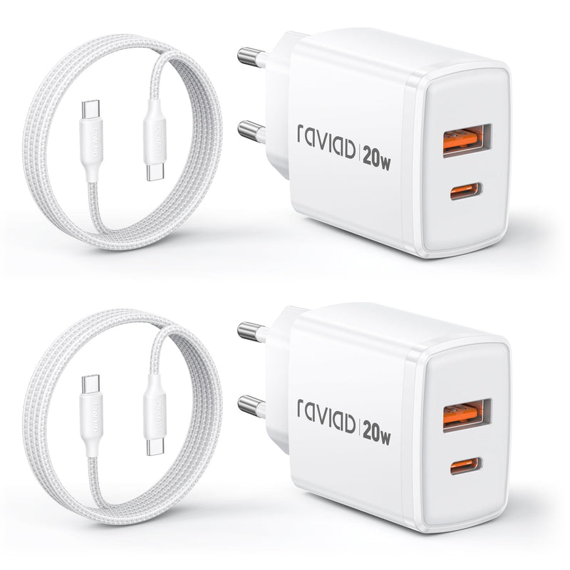 RAVIAD 20 W USB C Charger Pack of 2, [USBC + USBA] Fast Charger with USB C Cable 2 m, Mobile Phone Power Supply Type C with 2 Ports, Compatible with iPhone 16 15 Pro Max, Samsung Galaxy S25 S24 S23 2 pack