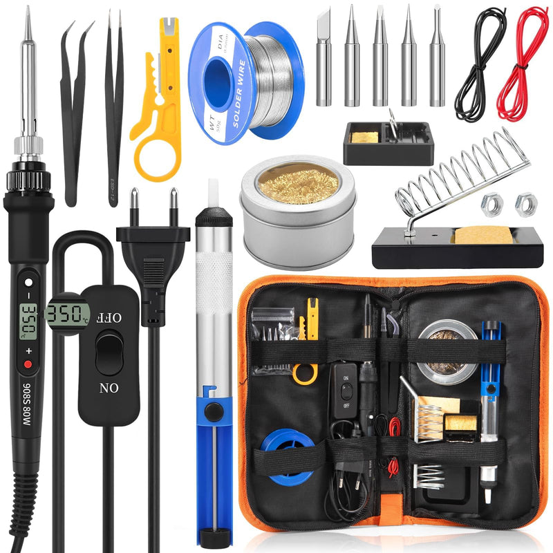 CIRULLI Soldering Iron Set 80 W (350 °C - 500 °C), 17-in-1 Soldering Set with On/Off Switch, 5 Soldering Tips, Desoldering Pump, Soldering Iron Stand, Tweezers, Soldering Iron for Electrical Work and