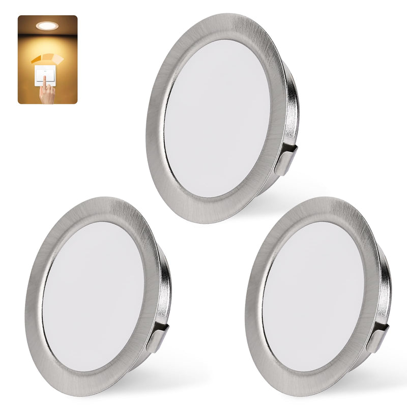 KYOTECH LED Recessed Spotlight 230 V Dimmable, 3 W 3000 K Warm White LED Spot Ultra Flat 300 LM Bore Hole 55-58 mm and 15 mm Flat IP44 Furniture Recessed Spotlights for Mirror Cabinet, Nickel Set of 3 3 pieces Brushed Nickel