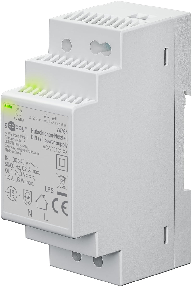 goobay 74765 DIN Rail Power Supply - Compact 24 V Power Supply for Bell Transformer, Monitoring and Access Systems, Door Opener - Easy Mounting on DIN Rail, 24 V, Surge Protection 24 V / 4.5 A / 54 W