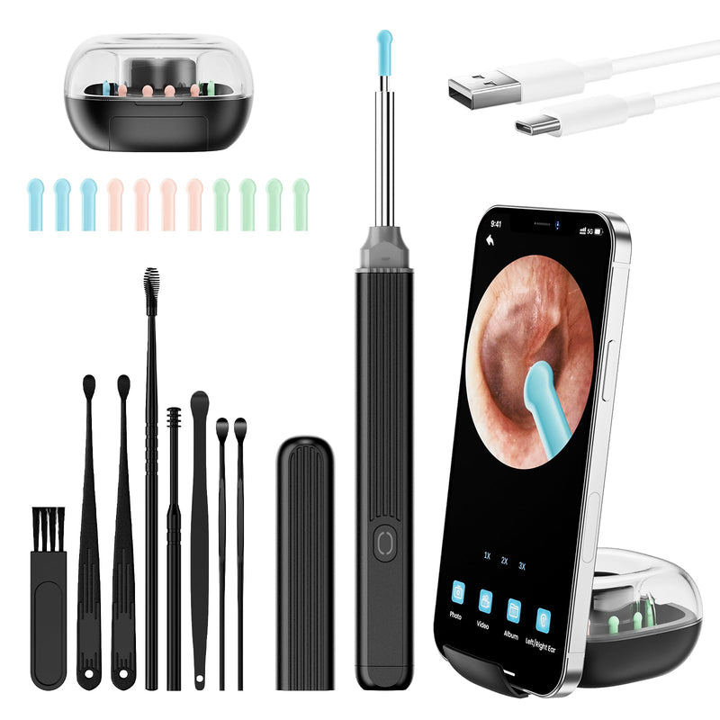 PKBD Ear Wax Remover Ear Cleaner for Adults Ear Cleaner with 1920 HD Camera Otoscope Storage Box, Sturdy Chip, Anti-Shake, Suitable for Adults / Children, Black