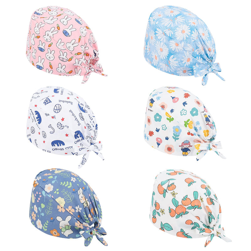 Moxiewell Pack of 6 surgical caps with laces, scrubbing cap, printed hat with button and cotton sweatband, adjustable, full hair cover, unisex doctor cap, multicoloured, 53