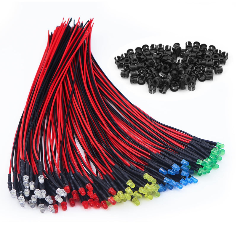 NCTNCX Pack of 100 Pre-Wired LED Diodes Light 12 V 100 Pieces 3 mm LED Mounting Rings Plastic 3 mm LEDs with 20 cm Cable (Red, Yellow, Blue, Green, White, Pack of 20)