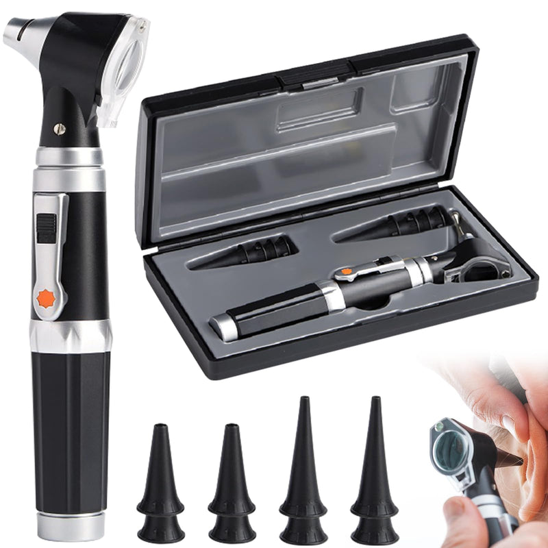 Otoscope with Light, Pocket Diagnostic Ear Infection Detector with Hard Plastic Case, with 3x Magnification and 4 Speculum Tips Size, 8 Earplugs for Adults and Children and Pets (Black)