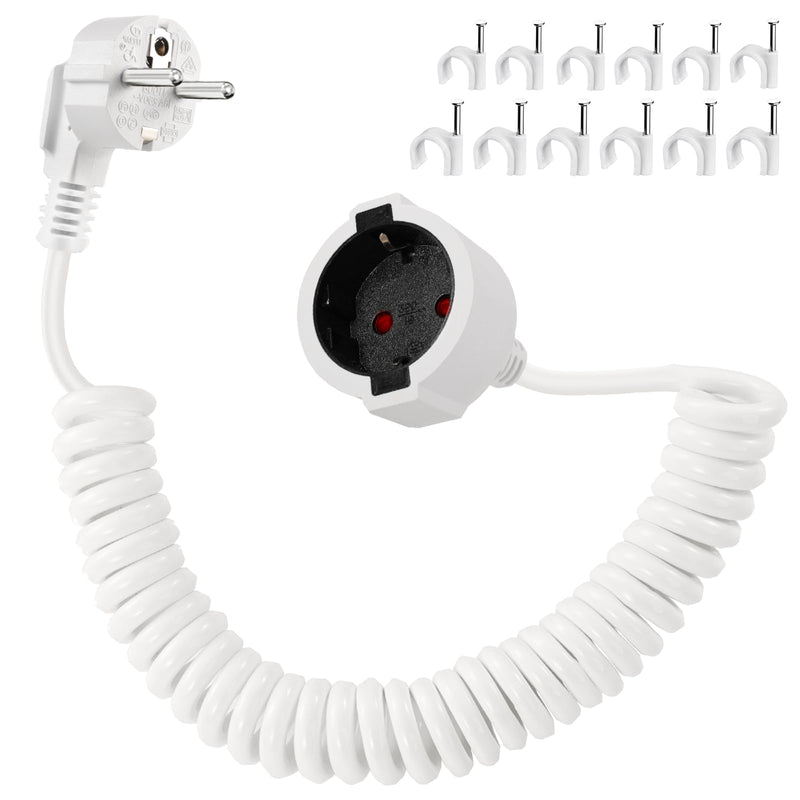 Schuko Extension Cable Spiral Cable 2 m Protective Contact Spiral Extension 0.6 m to 2 m Stretchy Spiral Cable Plug Extension Short with Coupling 230 V/16 A for Home, Office, Outdoor, White Schuko extension cable, coiled cable, white