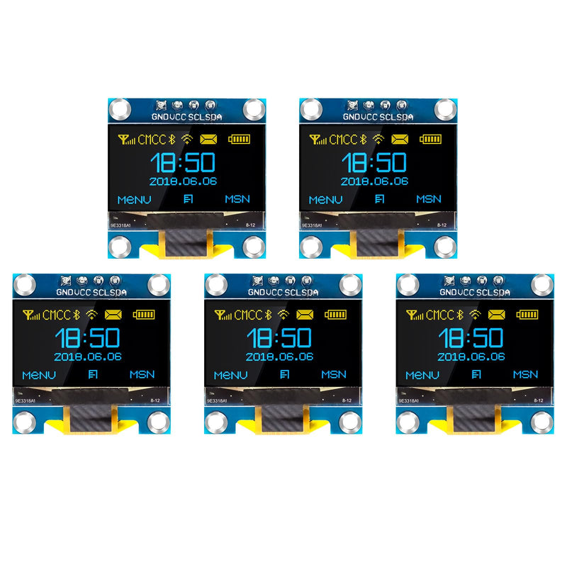 QIQIAZI 0.96 Inch OLED Display I2C Module, 5 Pieces I2C Display Module 128 x 64 Pixel I2C Screen Display Module Compatible with Arduino and Raspberry Pi (Yellow/Blue)